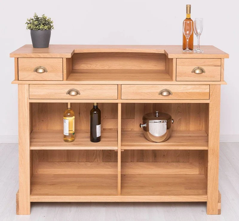 Bar-Set aus massiver Eiche | Empfangstheke aus Massivholz mit zwei Hockern