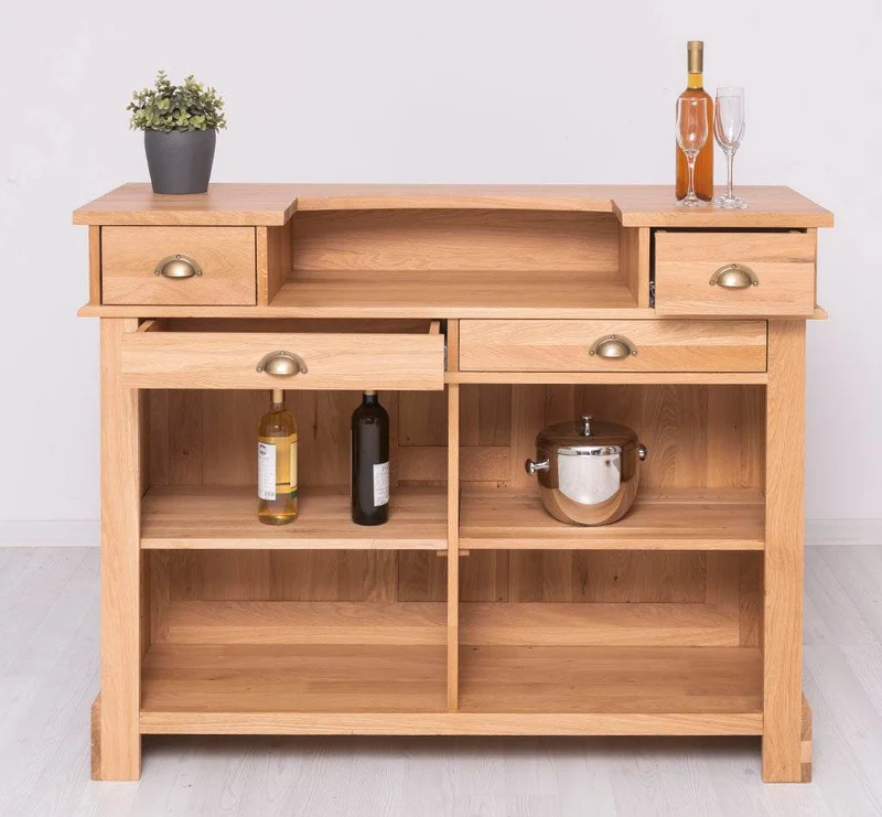 Bar-Set aus massiver Eiche | Empfangstheke aus Massivholz mit zwei Hockern