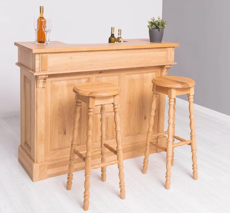 Bar-Set aus massiver Eiche | Empfangstheke aus Massivholz mit zwei Hockern