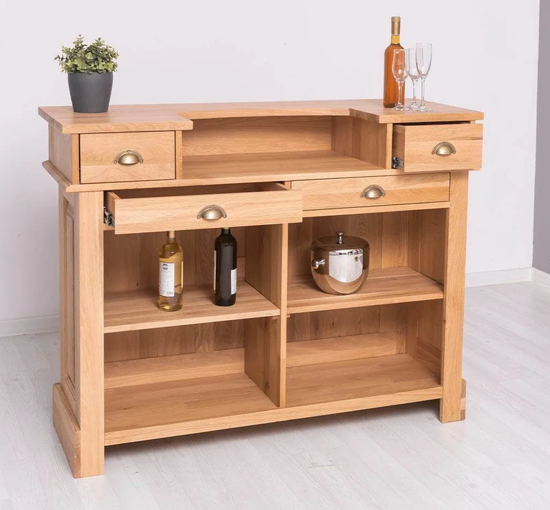 Bar-Set aus massiver Eiche | Empfangstheke aus Massivholz mit zwei Hockern