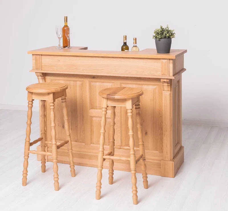 Bar-Set aus massiver Eiche | Empfangstheke aus Massivholz mit zwei Hockern