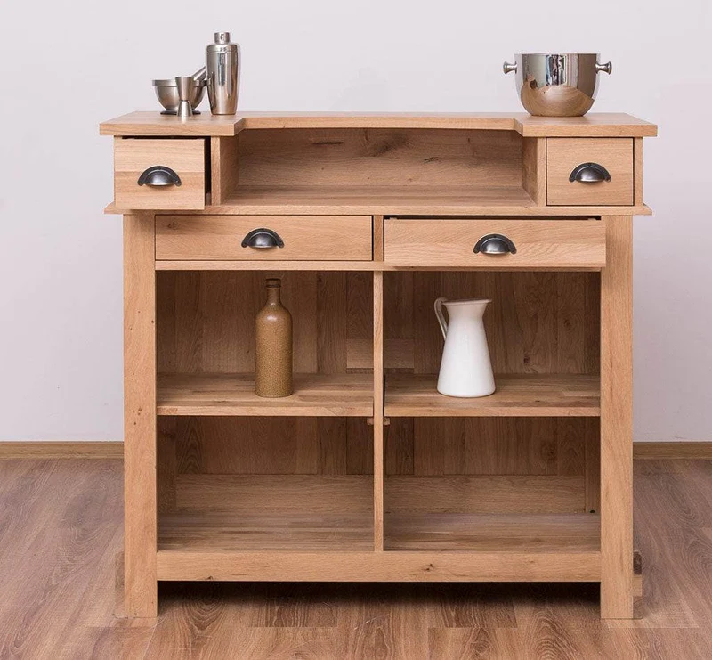 Bar-Set aus massiver Eiche | Empfangstheke aus Massivholz mit zwei Hockern