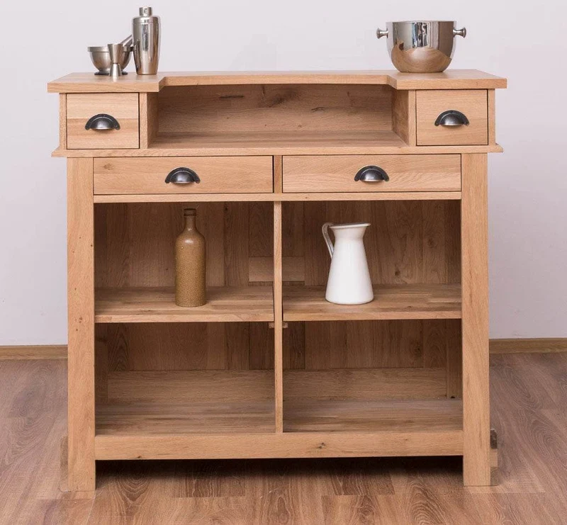 Bar-Set aus massiver Eiche | Empfangstheke aus Massivholz mit zwei Hockern