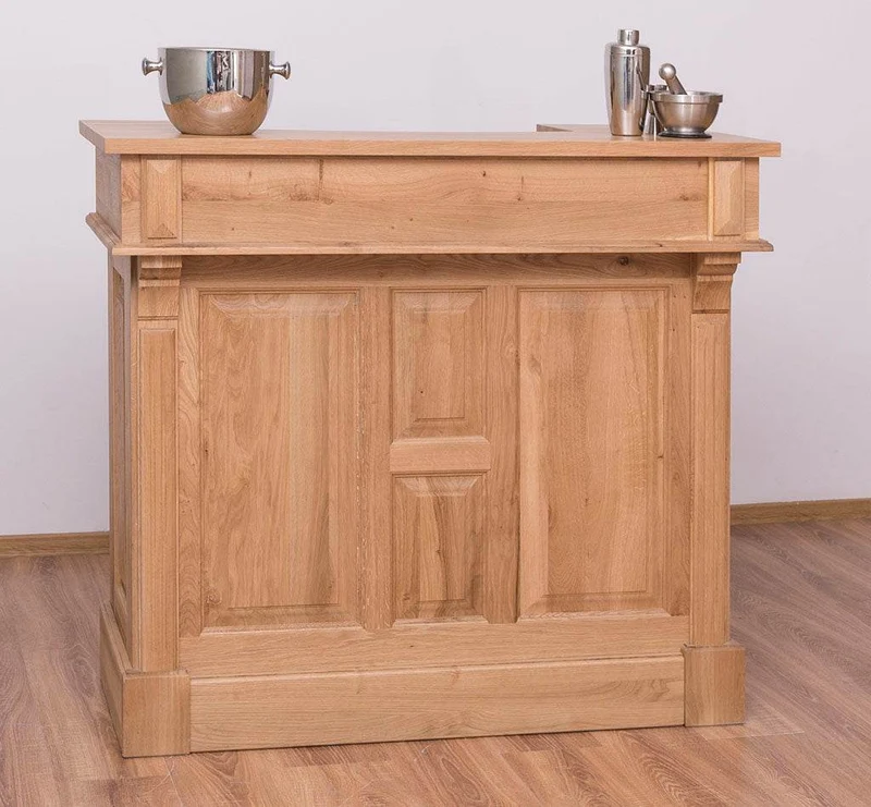 Bar-Set aus massiver Eiche | Empfangstheke aus Massivholz mit zwei Hockern