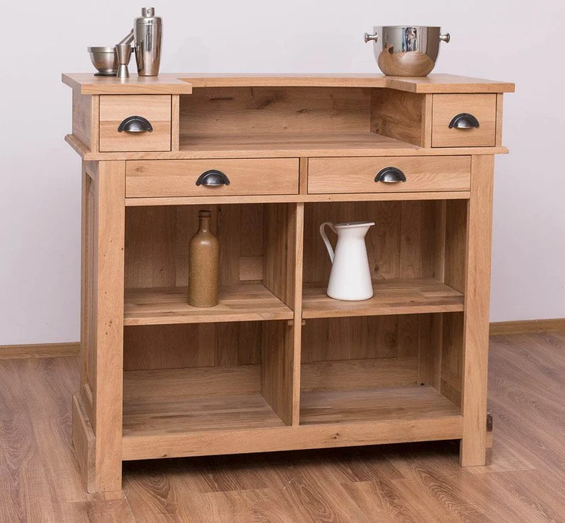 Bar-Set aus massiver Eiche | Empfangstheke aus Massivholz mit zwei Hockern
