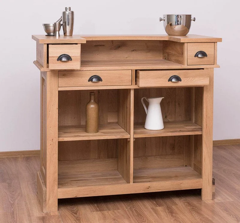 Bar-Set aus massiver Eiche | Empfangstheke aus Massivholz mit zwei Hockern