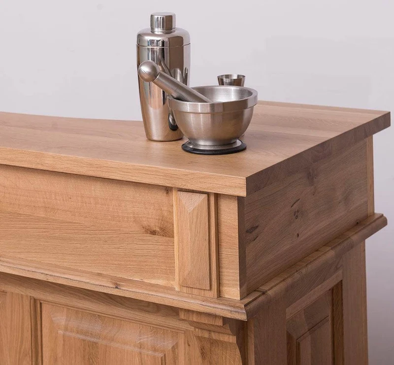 Bar-Set aus massiver Eiche | Empfangstheke aus Massivholz mit zwei Hockern