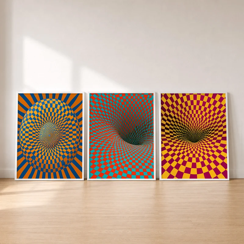 Psychedelic Poster Set – Spirale & Schachbrett (3er)