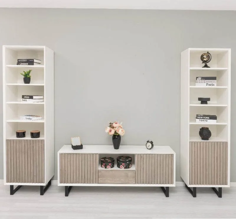 Wohnzimmer-Set mit Akustiklamellen | TV-Board aus Massivholz mit zwei Standregalen