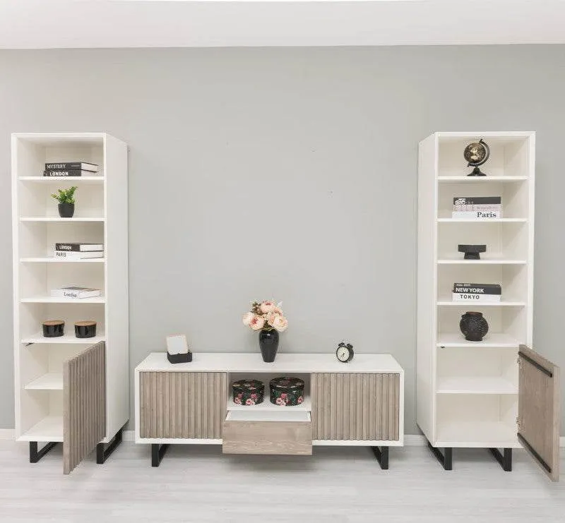 Wohnzimmer-Set mit Akustiklamellen | TV-Board aus Massivholz mit zwei Standregalen