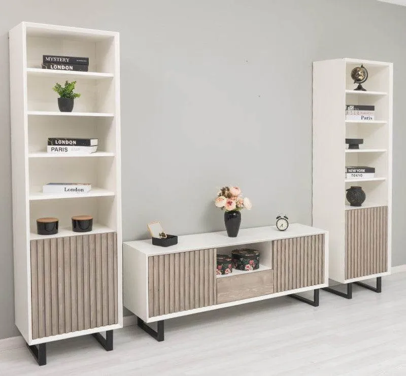 Wohnzimmer-Set mit Akustiklamellen | TV-Board aus Massivholz mit zwei Standregalen