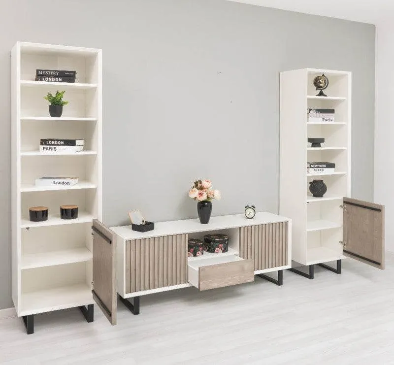 Wohnzimmer-Set mit Akustiklamellen | TV-Board aus Massivholz mit zwei Standregalen