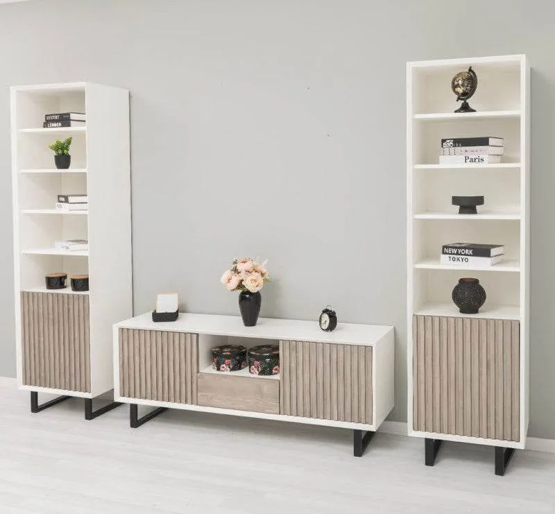 Wohnzimmer-Set mit Akustiklamellen | TV-Board aus Massivholz mit zwei Standregalen