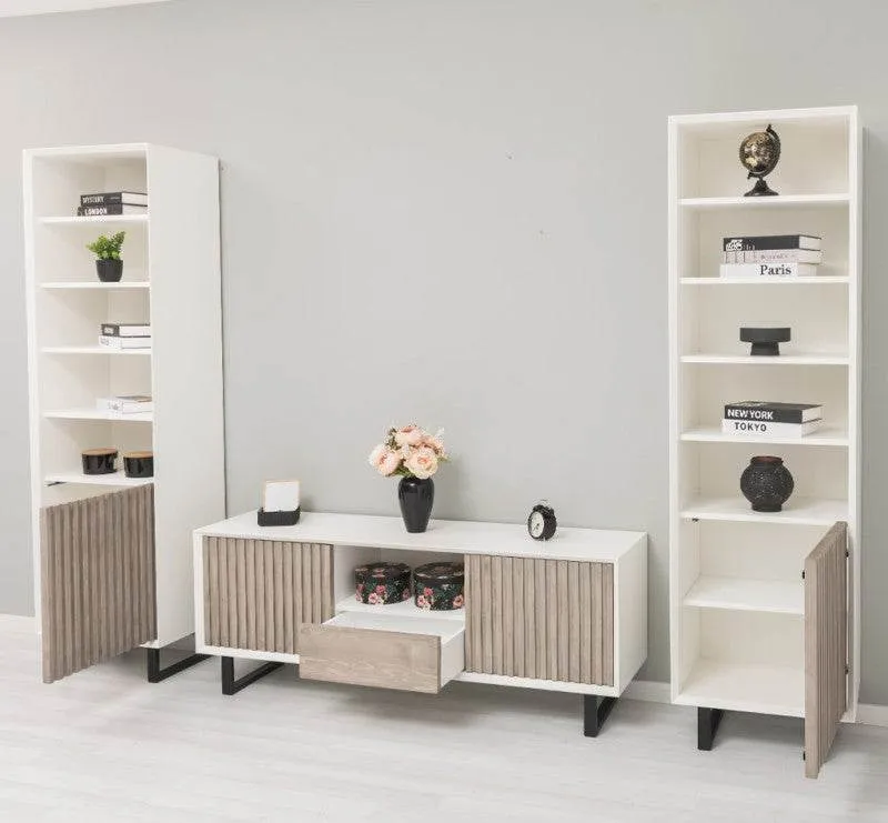 Wohnzimmer-Set mit Akustiklamellen | TV-Board aus Massivholz mit zwei Standregalen