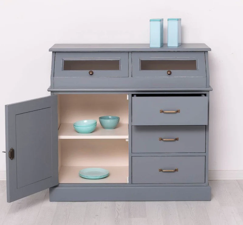 Schmales Sideboard aus Massivholz mit Kippfächern | Geschirrschrank mit Display
