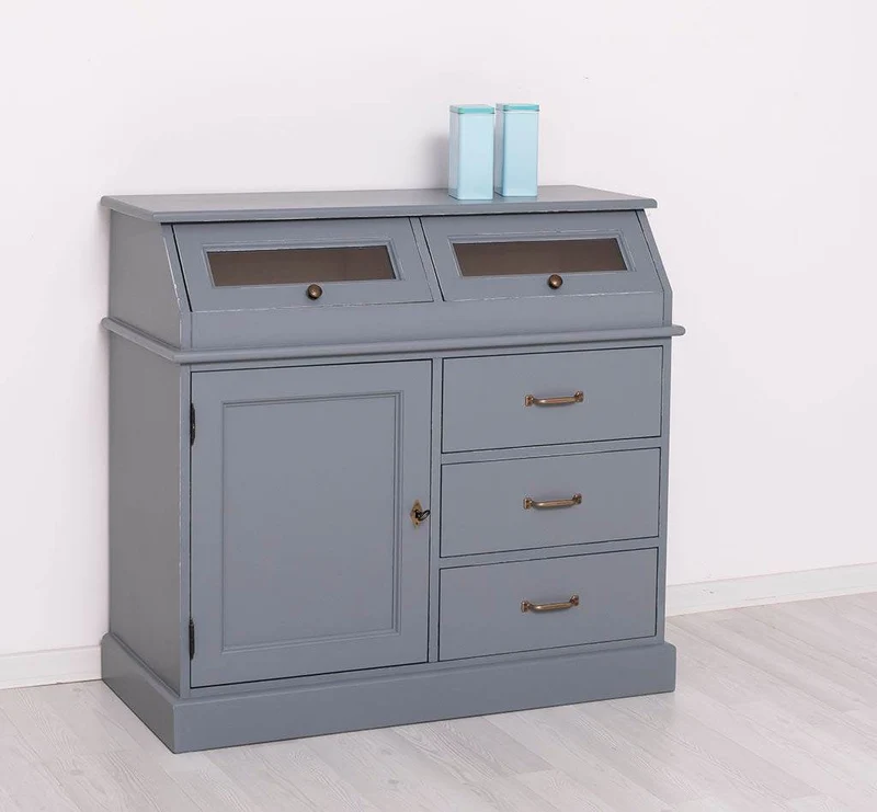 Schmales Sideboard aus Massivholz mit Kippfächern | Geschirrschrank mit Display