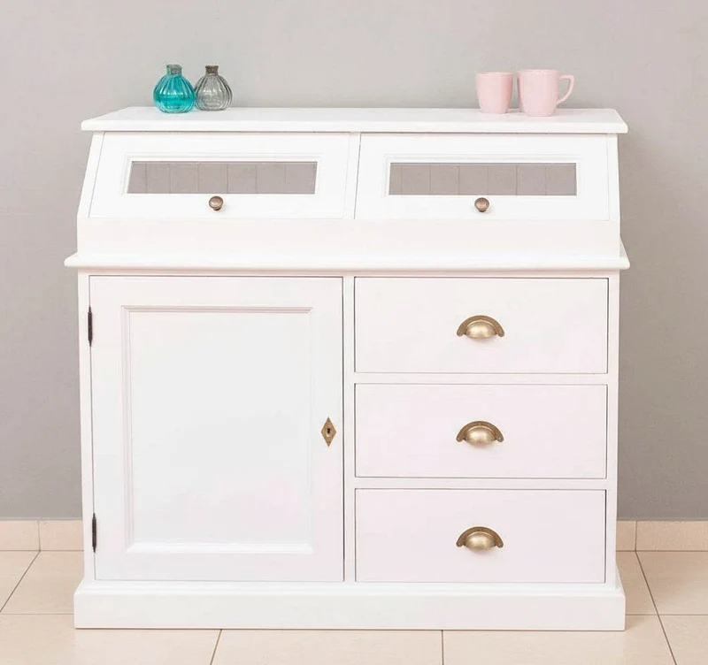 Schmales Sideboard aus Massivholz mit Kippfächern | Geschirrschrank mit Display