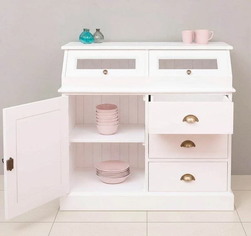 Schmales Sideboard aus Massivholz mit Kippfächern | Geschirrschrank mit Display