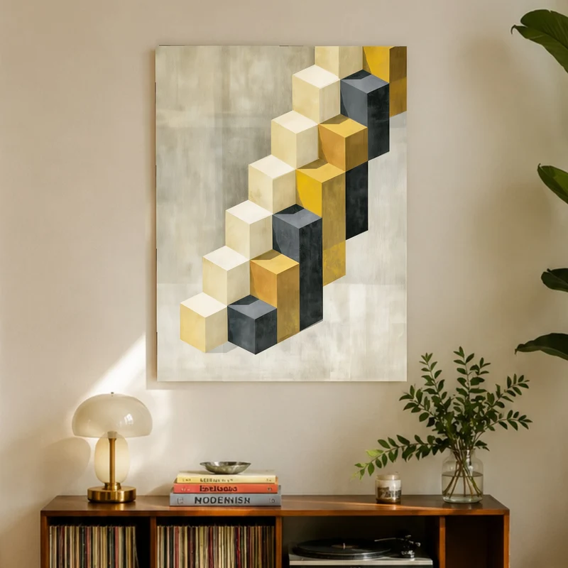 Goldene Würfeltreppe Retro Leinwand