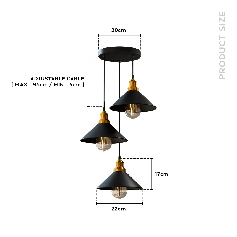 3-flammige Vintage Pendelleuchte Schwarz E27 Retro ~3909