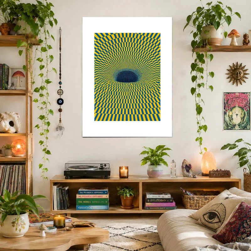 Psychedelischer Strudel in Gelb-Blau Leinwand