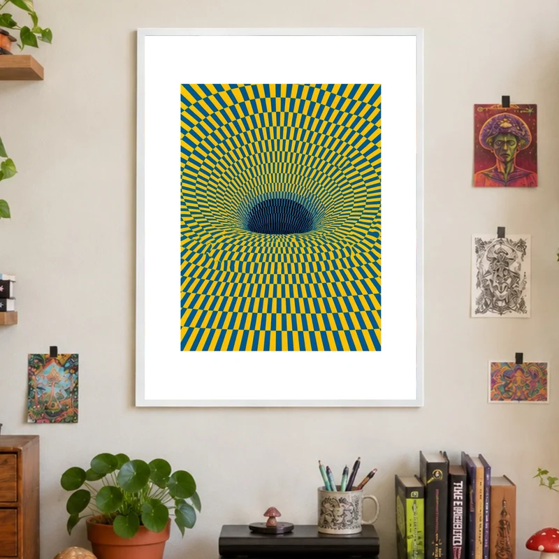 Psychedelischer Strudel in Gelb-Blau Poster