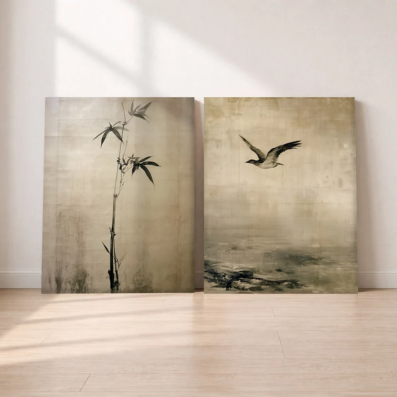 Japandi Leinwand Set – Bambus & Möwe (2er)