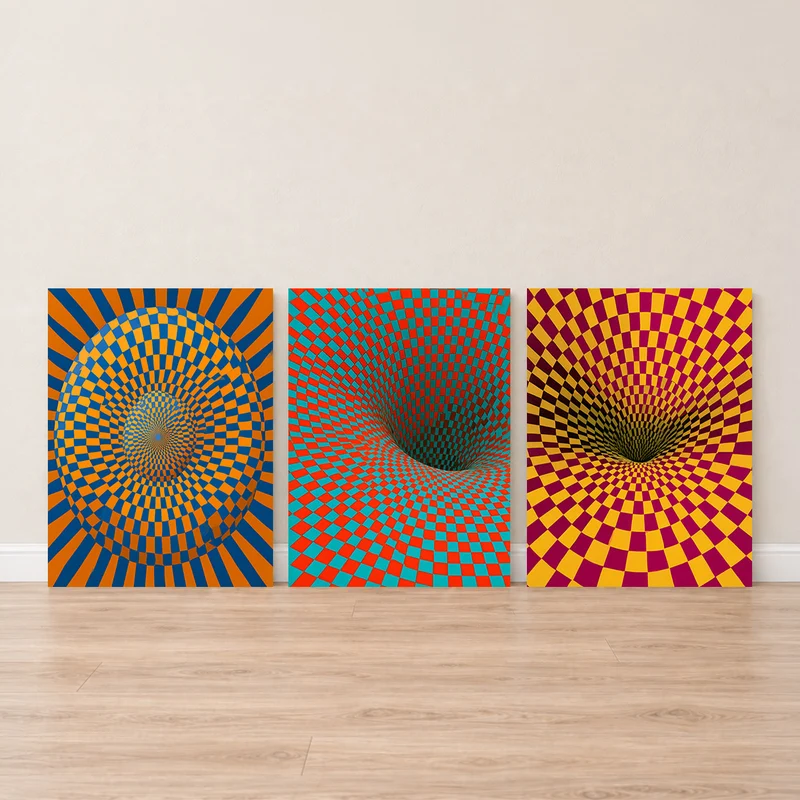 Psychedelic Leinwand Set – Spirale & Schachbrett (3er)
