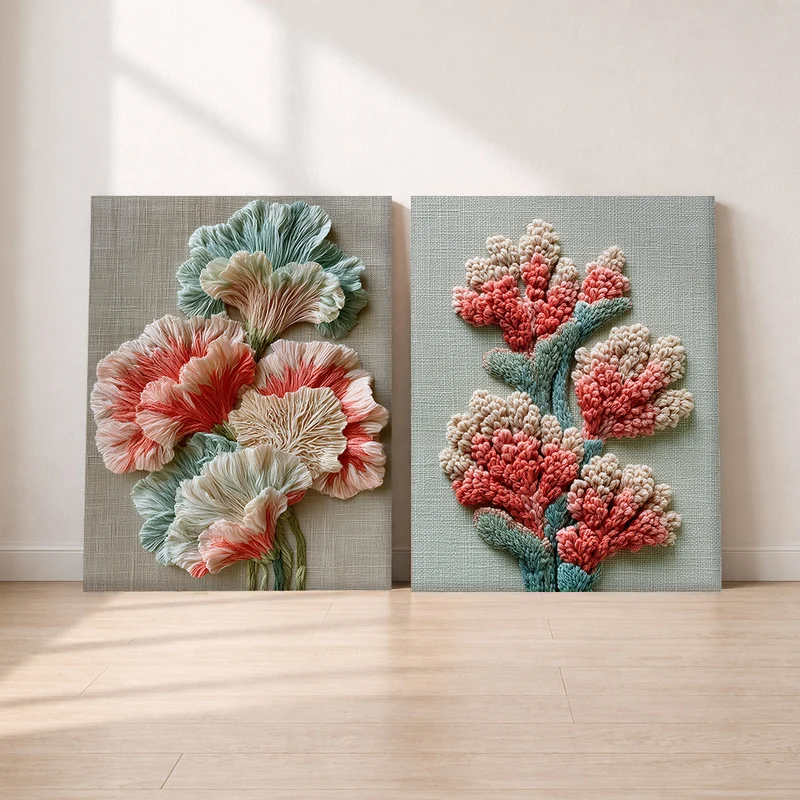 Stickerei Leinwand Set – Blüten in Pastell (2er)