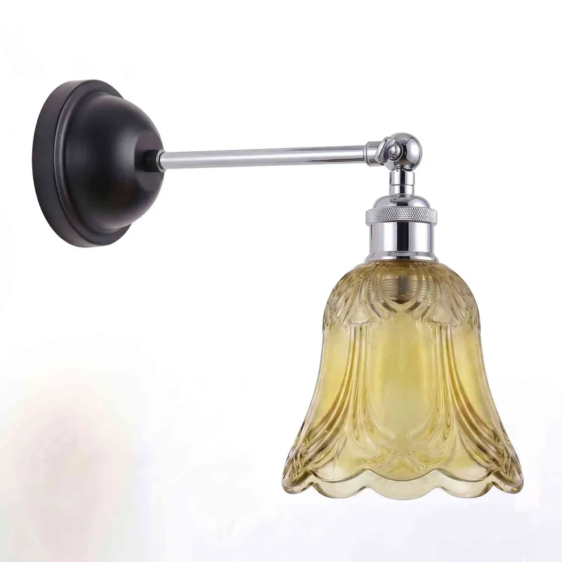 Vintage-Wandleuchte aus bernsteinfarbenem Glas mit E27-Fassung und verstellbarem Arm~3801