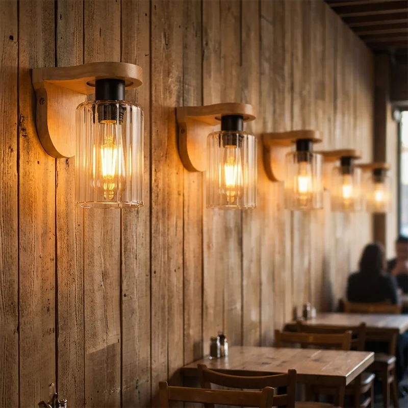 Wandleuchte aus Holz mit E27-Fassung und geripptem Glas – Vintage-Lampe für den Innenbereich~3696