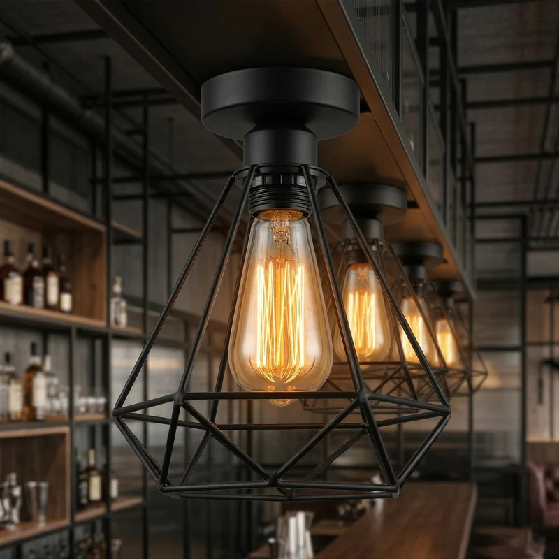 Vintage Geometrische Deckenlampe Schwarz Metall | Retro Käfigleuchte E27~3729