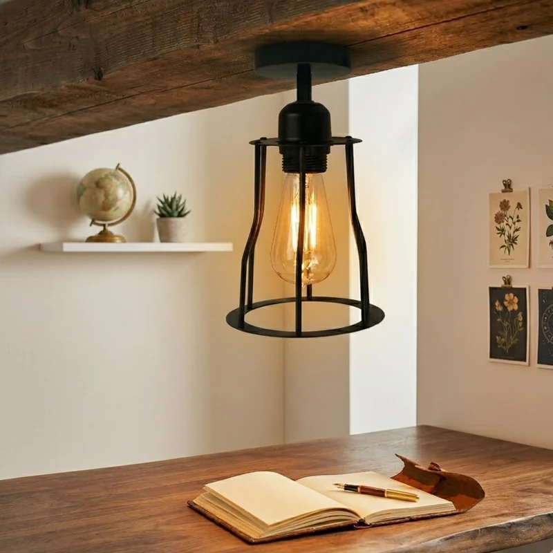 Vintage Geometrische Deckenlampe Schwarz Metall | Retro Käfigleuchte E27~3729