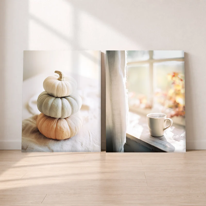 Kürbis & Kaffee Leinwand Set – Herbstmorgen (2er)