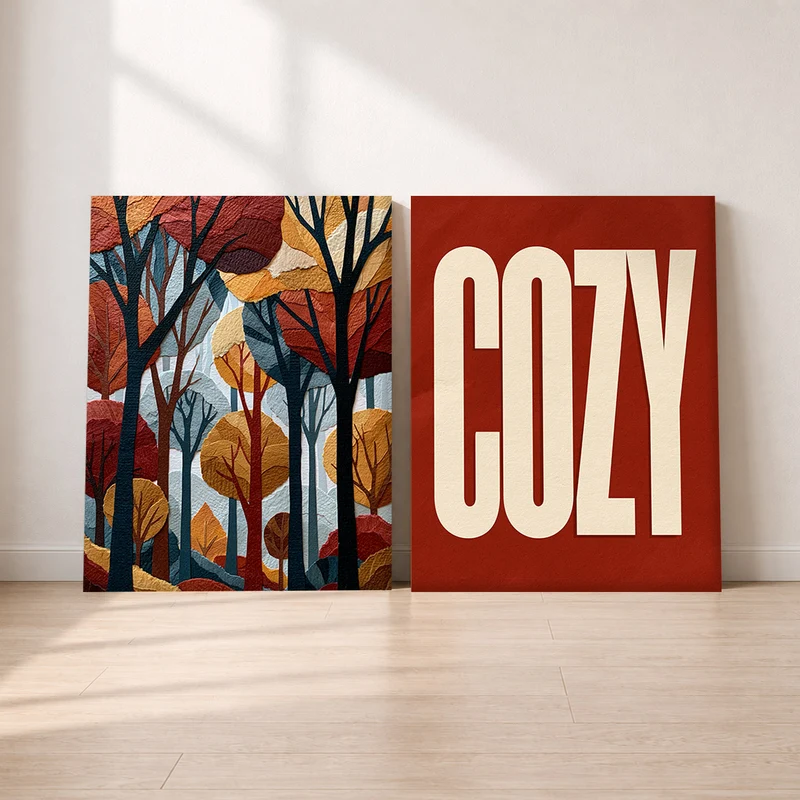 Cozy Leinwand Set – Herbstwald & Schriftzug (2er)