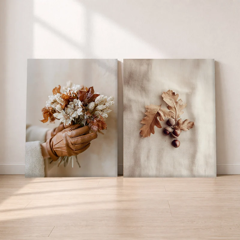 Herbststrauß Leinwand Set – Trockenblumen & Eicheln (2er)