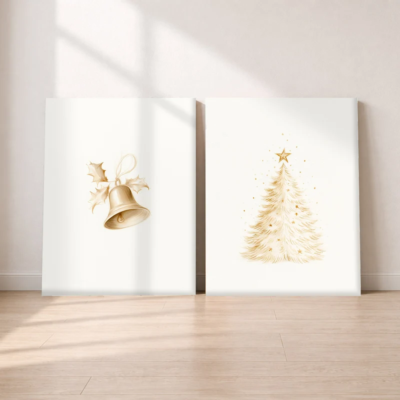 Goldene Weihnacht Leinwand Set – Glocke & Baum (2er)