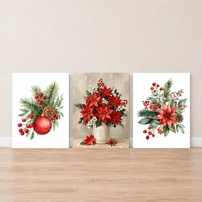 Weihnachtsstern Leinwand Set – Vintage Botanik (3er)