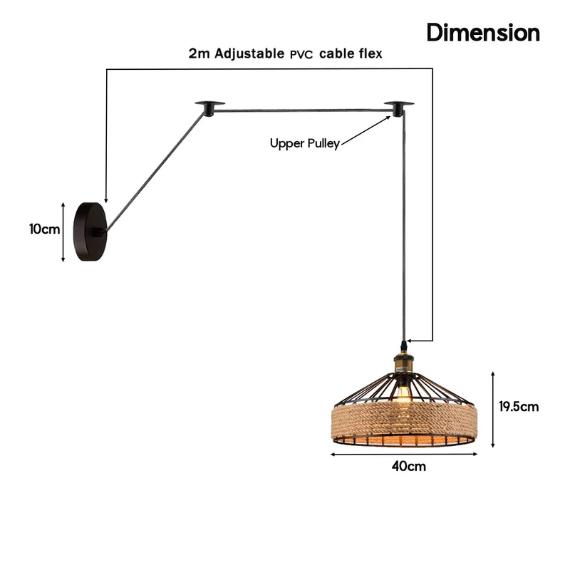 Dezentrale Pendelleuchte Wandanschluss | Hanfseil & Metallkäfig Lampe Ø 30/40cm~3811