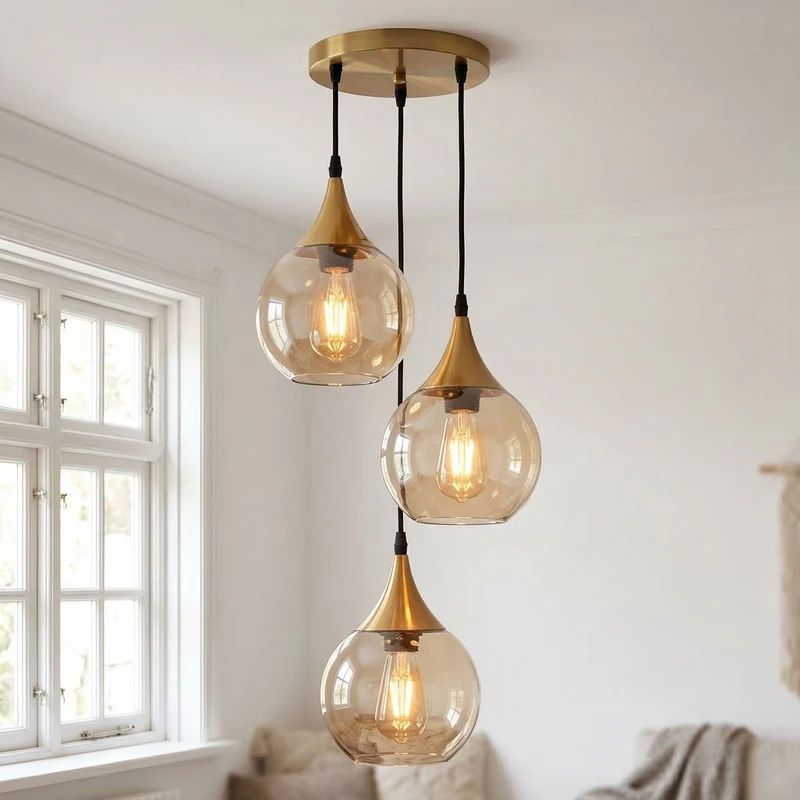3 Flammige Pendelleuchte Glastropfen Rauchglas E27 ~3672