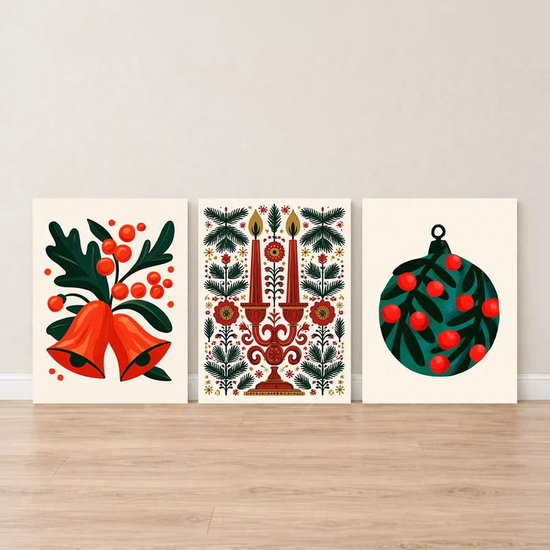 Weihnachtskugeln Leinwand Set – Glocken & Beeren (3er)