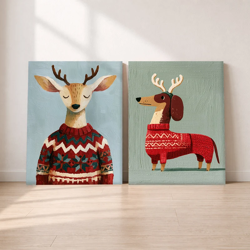 Weihnachtspullover Leinwand Set – Rentier & Dackel (2er)