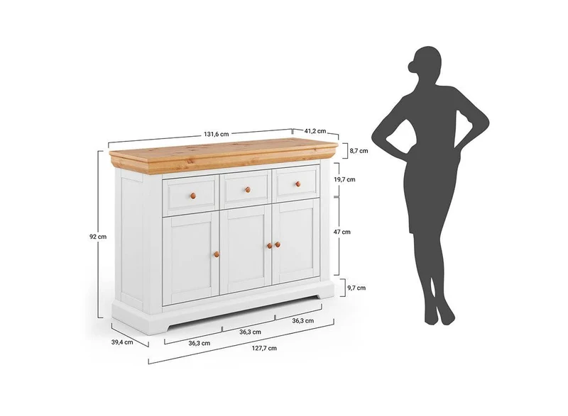 Kleines Sideboard aus Massivholz | Dreitürige Wohnzimmerkommode Marone Elite mit drei Schubladen