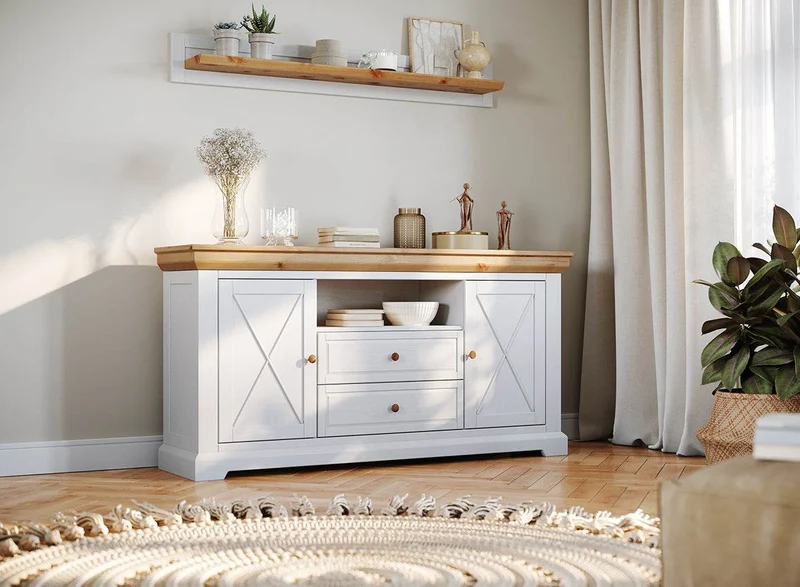 Sideboard aus Massivholz | Zweitürige Wohnzimmerkommode Marone Elite mit zwei Schubladen
