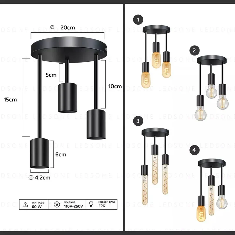 Vintage Dreiflammige Runde Schwarze Metall Hängelampe - E27 ~ 3704
