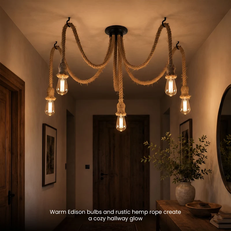 Mehrarm-Pendelleuchte aus Hanfseil mit verstellbarem kabel-E27 ~3700
