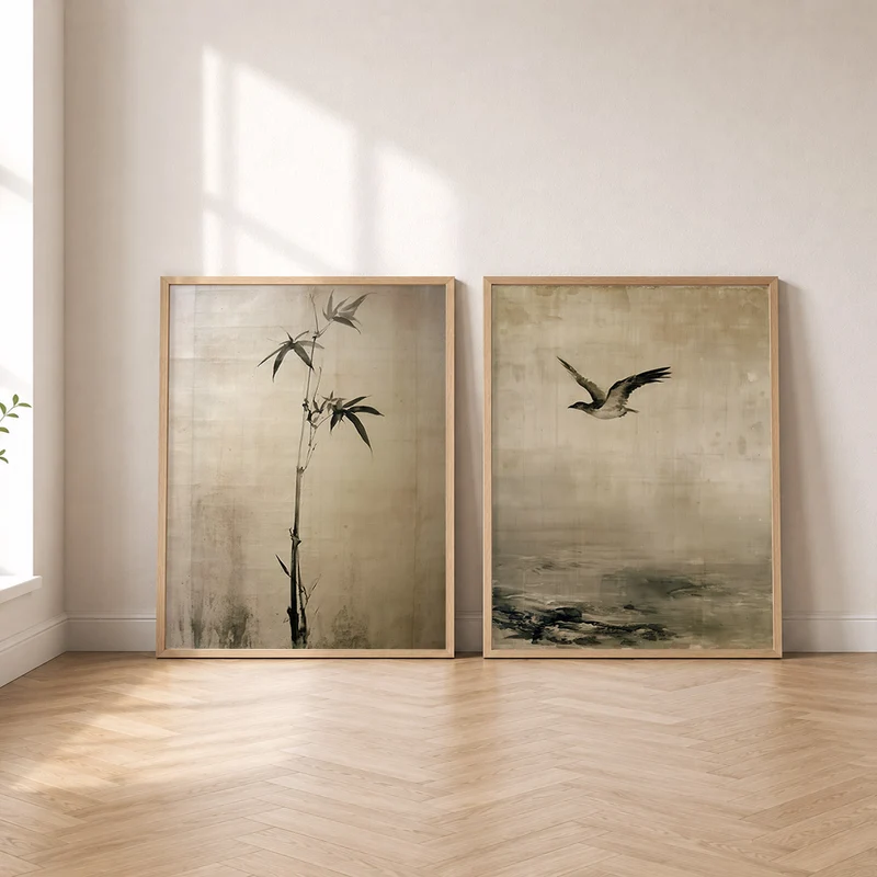 Japandi Poster Set – Bambus & Möwe (2er)
