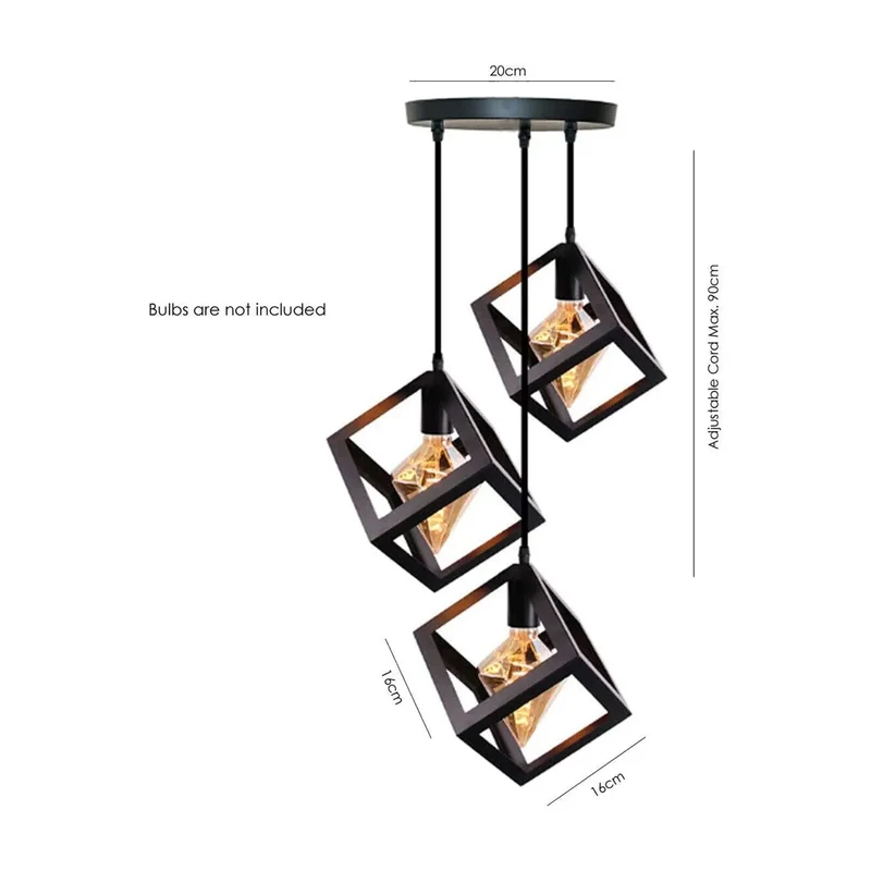 3 Kopf Schwarz Quadratisch Drahtkäfig Pendelleuchte~3499