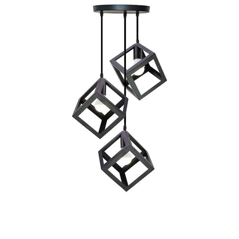 3 Kopf Schwarz Quadratisch Drahtkäfig Pendelleuchte~3499