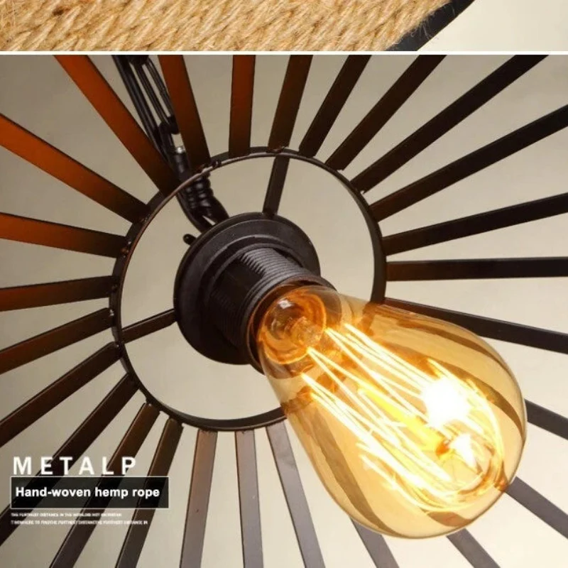 Vintage Seil-Pendelleuchte E27 aus Hanfseil & Metall ~3765